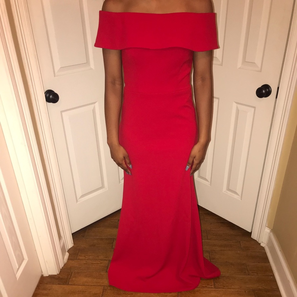 red off the shoulder prom dress